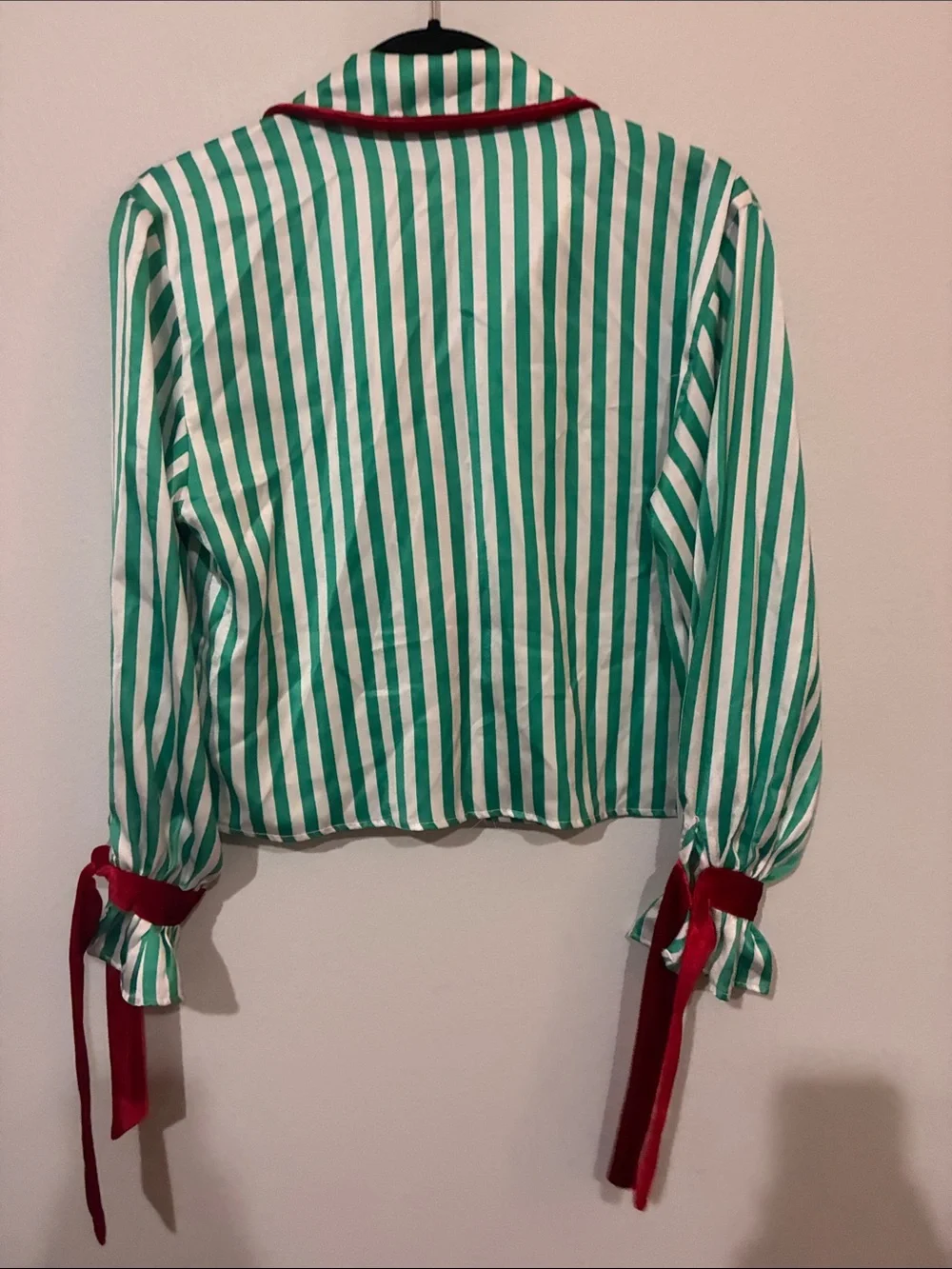 Altar'd State Green and White Striped Satin Pajama Top with Red Trim
